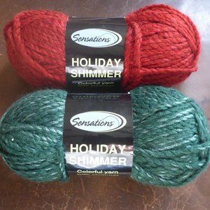 2 Skeins Sensations Holiday Shimmer Wool Blend Yarn Colors Green & Red 96 yds ea